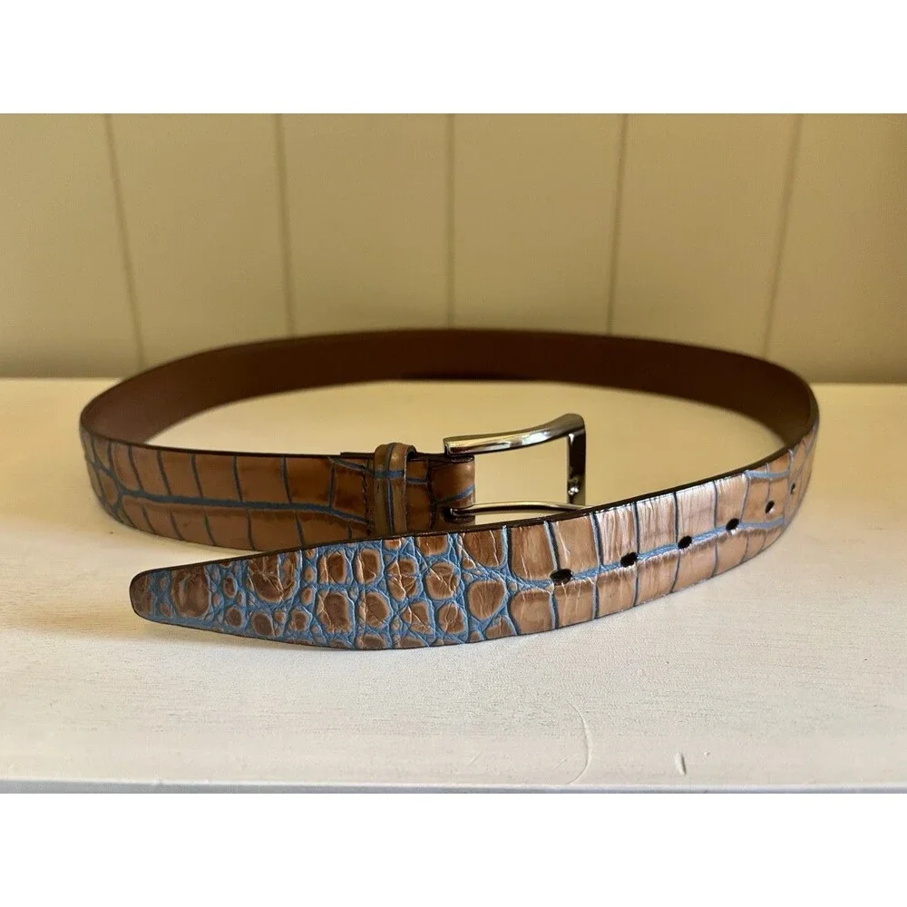Torino Leather Tan Blue Italian Croc Embossed Belt Men’s 36 Luxury USA